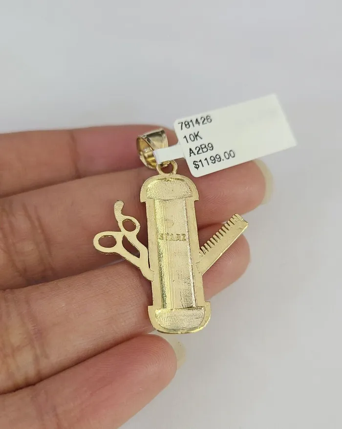 Gold and Diamond Charm Necklaces Real 10k Barber Scissors Comb Charm Pendant Yellow Gold Diamond Cut Salon