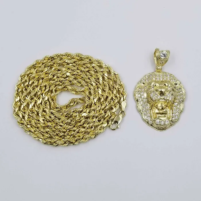 Gold and Diamond Charm Necklaces REAL 10k Yellow Gold KING Lion Head Charm Pendent 4mm Rope Chain 20 22 24 26 Gold and Diamond Charm Necklaces REAL 10k Yellow Gold KING Lion Head Charm Pendent 4mm Rope Chain 20 22 24 26
