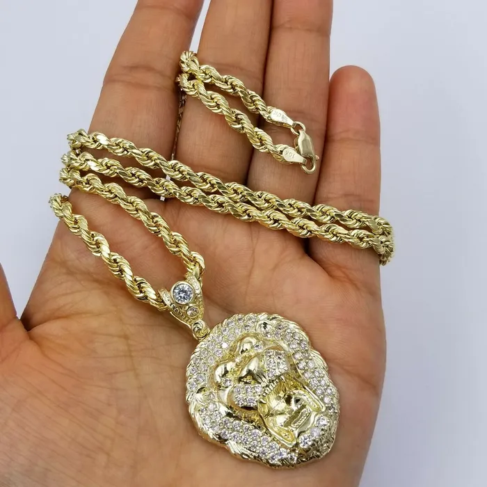 Gold and Diamond Charm Necklaces REAL 10k Yellow Gold KING Lion Head Charm Pendent 4mm Rope Chain 20 22 24 26