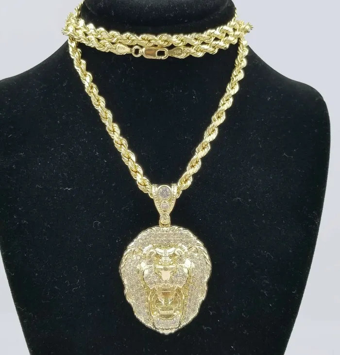 Gold and Diamond Charm Necklaces REAL 10k Yellow Gold KING Lion Head Charm Pendent 4mm Rope Chain 20 22 24 26