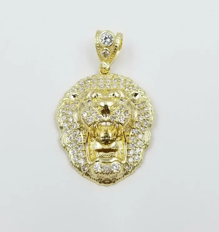 Gold and Diamond Charm Necklaces REAL 10k Yellow Gold KING Lion Head Charm Pendent 4mm Rope Chain 20 22 24 26