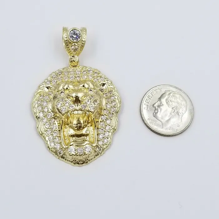 Gold and Diamond Charm Necklaces REAL 10k Yellow Gold KING Lion Head Charm Pendent 4mm Rope Chain 20 22 24 26