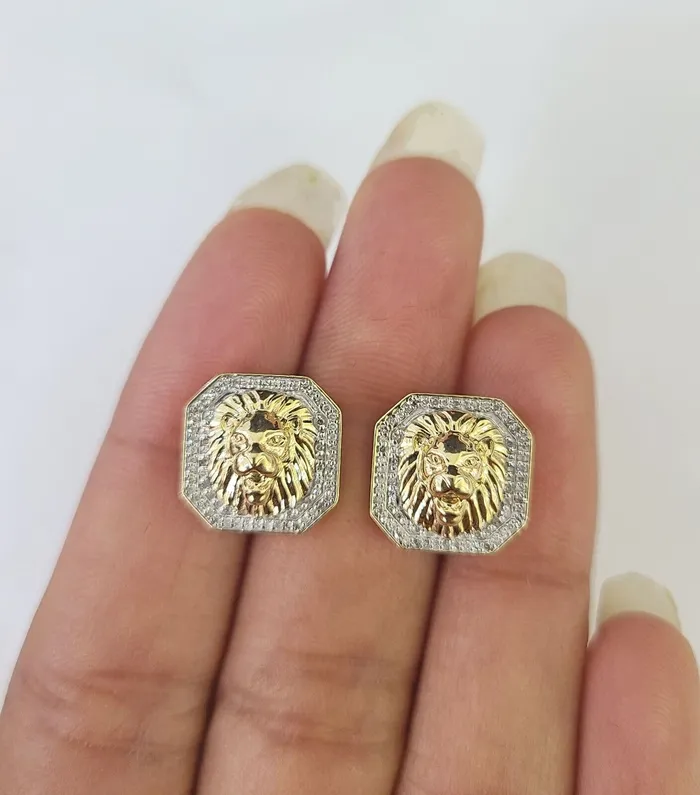 Gold and Diamond Earrings 10k Diamond Lion Earrings Yellow gold Real ScrewBack Women Men studs Gold and Diamond Earrings 10k Diamond Lion Earrings Yellow gold Real ScrewBack Women Men studs
