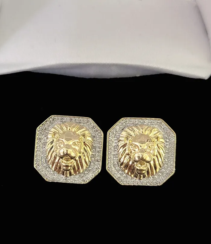 Gold and Diamond Earrings 10k Diamond Lion Earrings Yellow gold Real ScrewBack Women Men studs