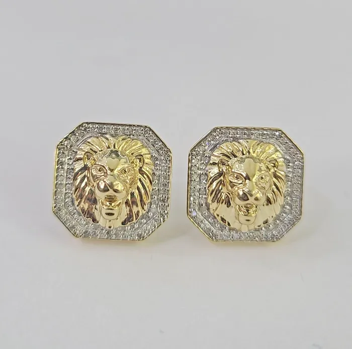 Gold and Diamond Earrings 10k Diamond Lion Earrings Yellow gold Real ScrewBack Women Men studs