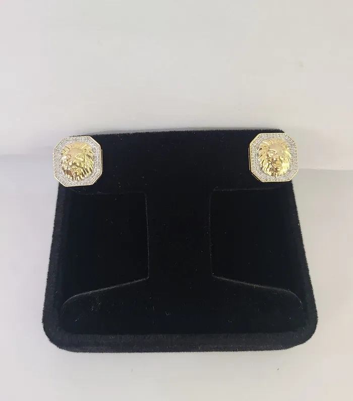 Gold and Diamond Earrings 10k Diamond Lion Earrings Yellow gold Real ScrewBack Women Men studs