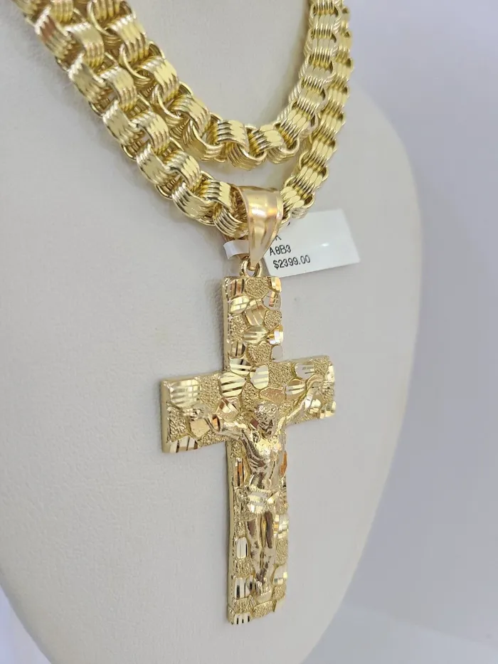 Gold and Diamond Necklaces 10k Gold Byzantine Necklace Jesus Cross Charm 2030 inches 6mm SET Chain Pendant