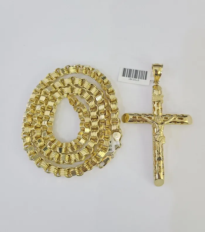 Gold and Diamond Necklaces 10k Gold Byzantine Necklace Jesus Cross Charm 2030 inches 6mm SET Chain Pendant