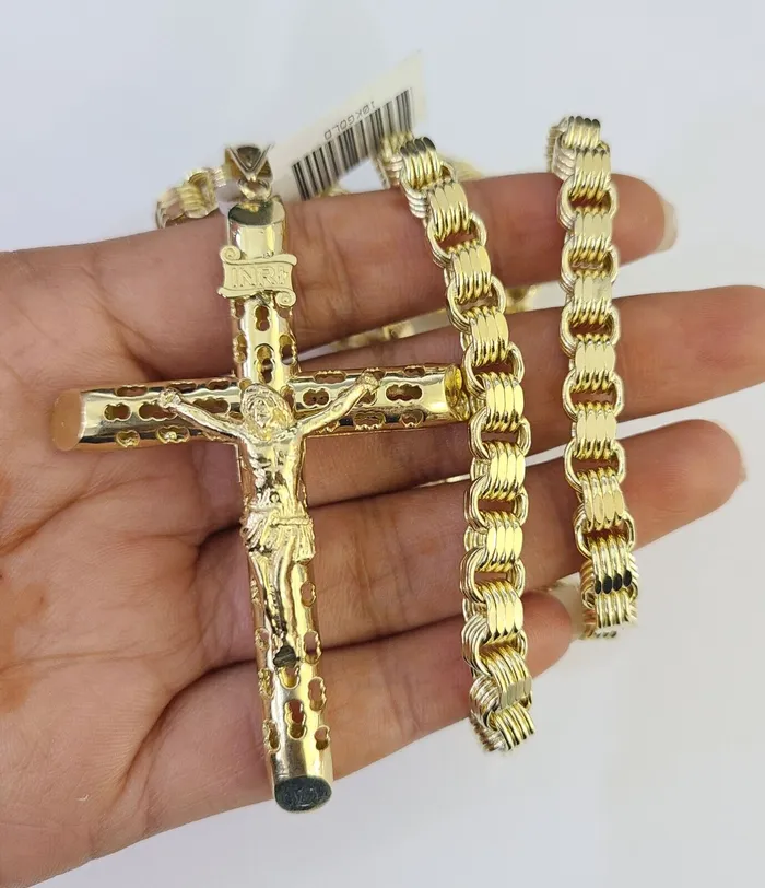 Gold and Diamond Necklaces 10k Gold Byzantine Necklace Jesus Cross Charm 2030 inches 6mm SET Chain Pendant