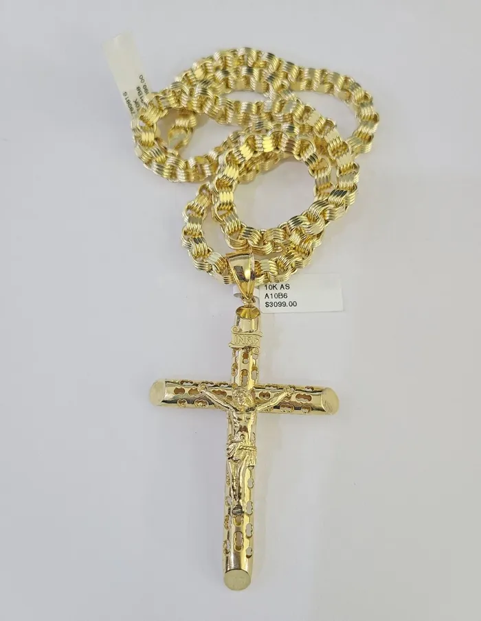 Gold and Diamond Necklaces 10k Gold Byzantine Necklace Jesus Cross Charm 2030 inches 6mm SET Chain Pendant