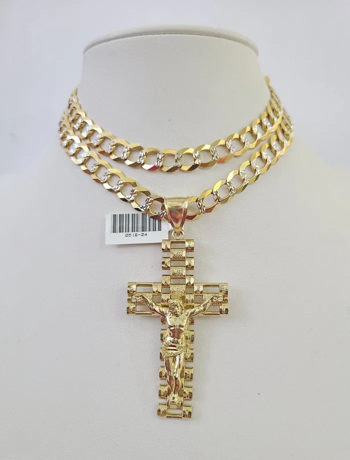 Gold and Diamond Necklaces 10k Gold Chain Cross Charm Solid Cuban Curb Necklace 9mm 2030 Diamond Cut SET Gold and Diamond Necklaces 10k Gold Chain Cross Charm Solid Cuban Curb Necklace 9mm 2030 Diamond Cut SET