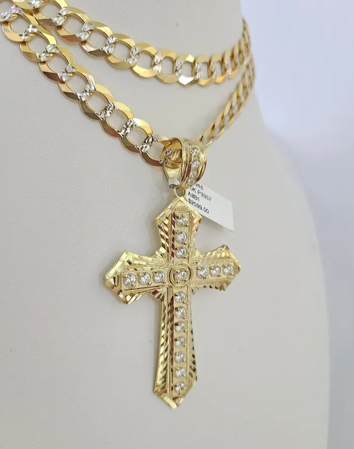 Gold and Diamond Necklaces 10k Gold Chain Cross Charm Solid Cuban Curb Necklace 9mm 2030 Diamond Cut SET