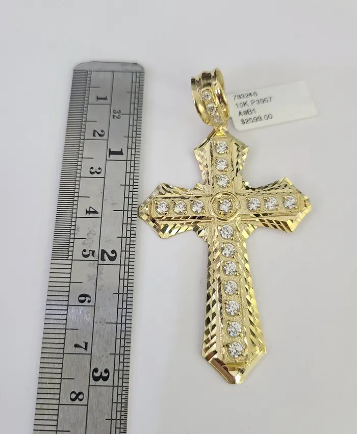 Gold and Diamond Necklaces 10k Gold Chain Cross Charm Solid Cuban Curb Necklace 9mm 2030 Diamond Cut SET