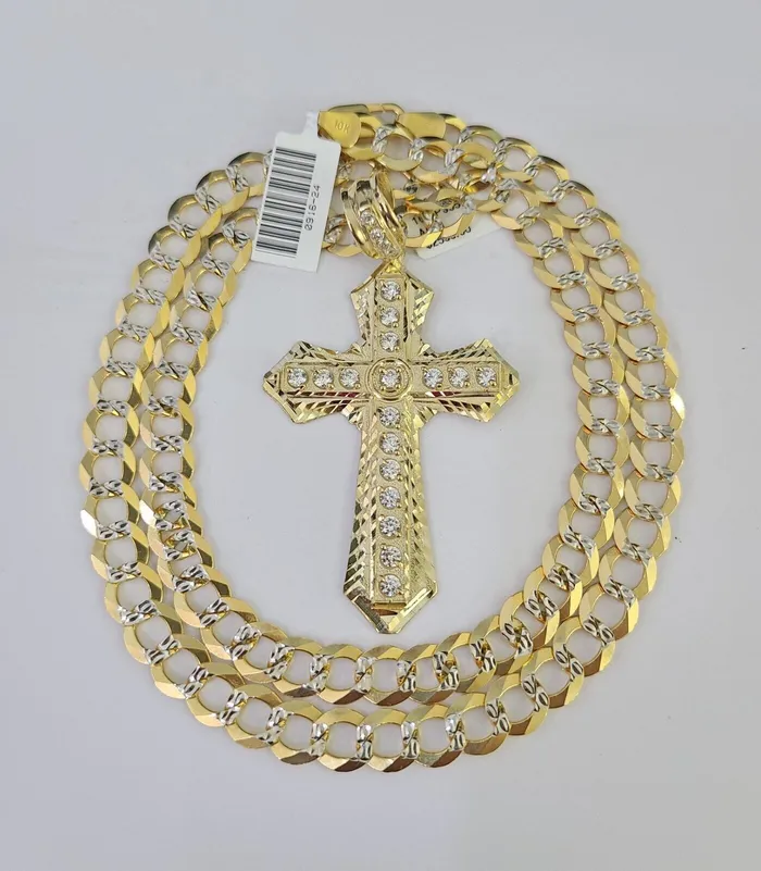 Gold and Diamond Necklaces 10k Gold Chain Cross Charm Solid Cuban Curb Necklace 9mm 2030 Diamond Cut SET