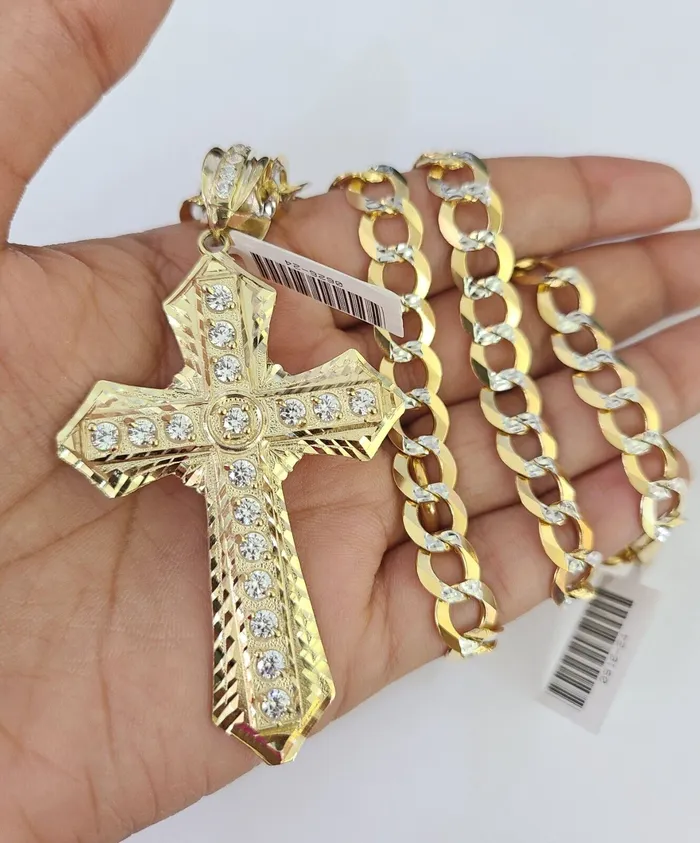 Gold and Diamond Necklaces 10k Gold Chain Cross Charm Solid Cuban Curb Necklace 9mm 2030 Diamond Cut SET