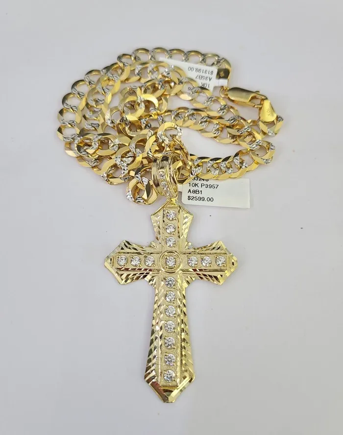 Gold and Diamond Necklaces 10k Gold Chain Cross Charm Solid Cuban Curb Necklace 9mm 2030 Diamond Cut SET