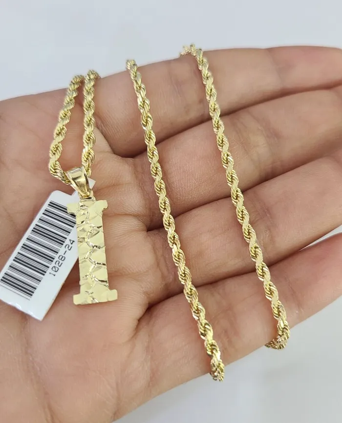 Gold and Diamond Necklaces 10k Gold Initial I Charm Rope Chain 1626 25mm SET Necklace Alphabet Pendant Gold and Diamond Necklaces 10k Gold Initial I Charm Rope Chain 1626 25mm SET Necklace Alphabet Pendant