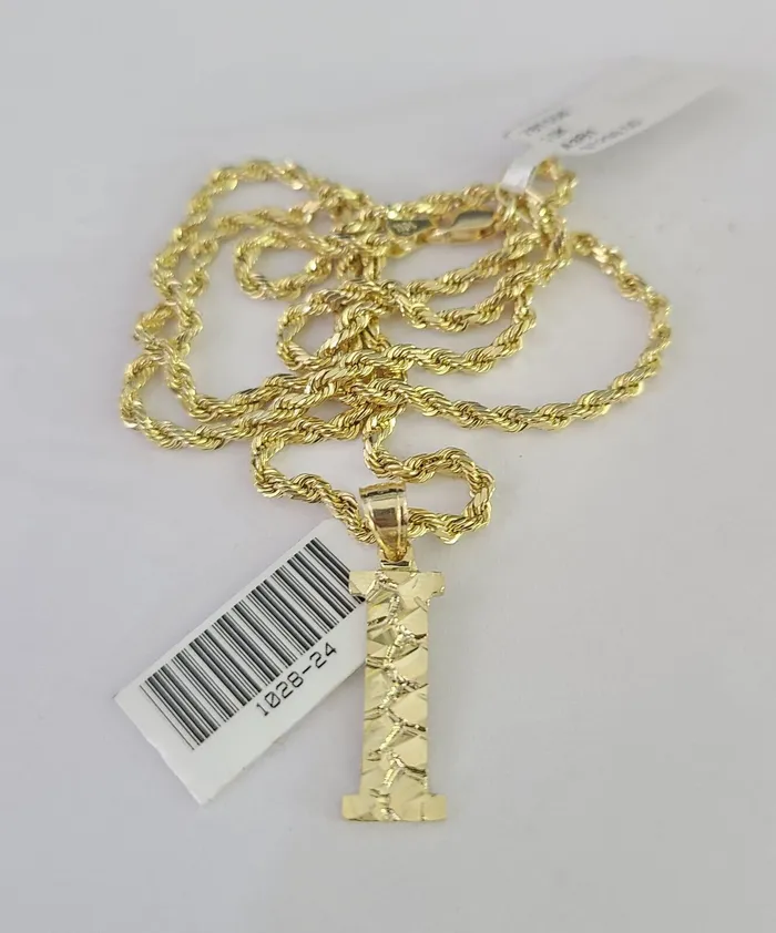 Gold and Diamond Necklaces 10k Gold Initial I Charm Rope Chain 1626 25mm SET Necklace Alphabet Pendant