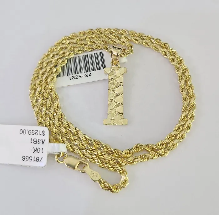 Gold and Diamond Necklaces 10k Gold Initial I Charm Rope Chain 1626 25mm SET Necklace Alphabet Pendant