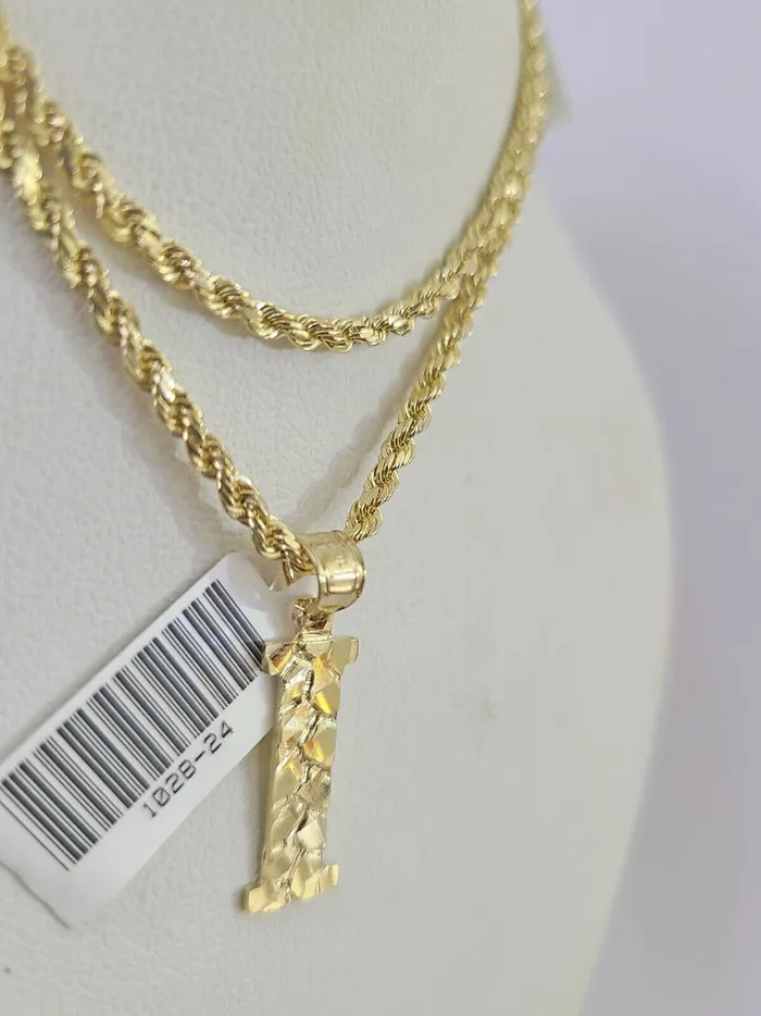 Gold and Diamond Necklaces 10k Gold Initial I Charm Rope Chain 1626 25mm SET Necklace Alphabet Pendant