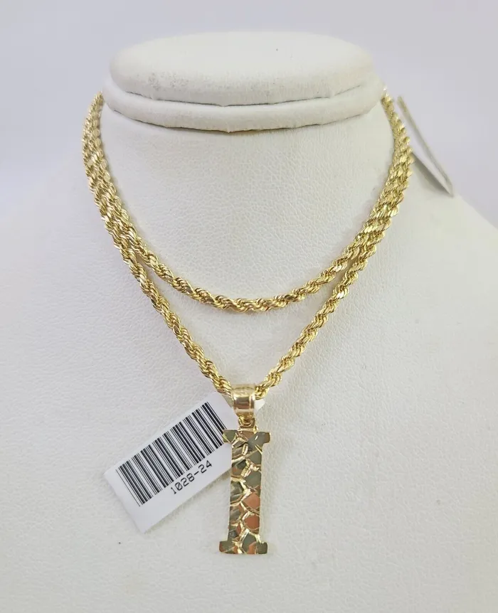 Gold and Diamond Necklaces 10k Gold Initial I Charm Rope Chain 1626 25mm SET Necklace Alphabet Pendant