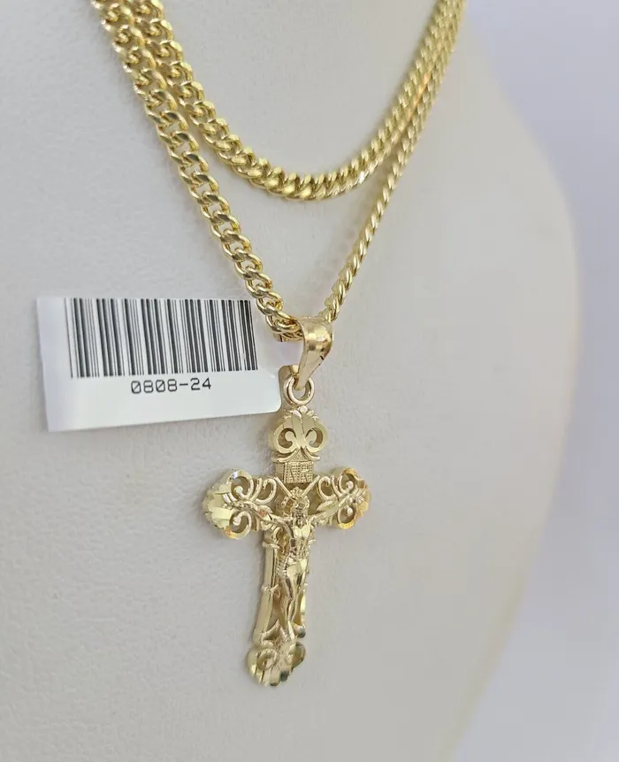 Gold and Diamond Necklaces 10K Gold Miami Cuban Chain INRI Jesus Cross 1828 3mm Pendant Necklace SET Gold and Diamond Necklaces 10K Gold Miami Cuban Chain INRI Jesus Cross 1828 3mm Pendant Necklace SET
