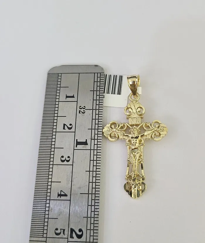 Gold and Diamond Necklaces 10K Gold Miami Cuban Chain INRI Jesus Cross 1828 3mm Pendant Necklace SET