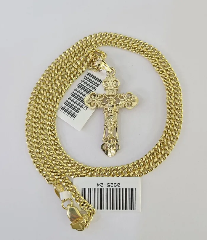 Gold and Diamond Necklaces 10K Gold Miami Cuban Chain INRI Jesus Cross 1828 3mm Pendant Necklace SET
