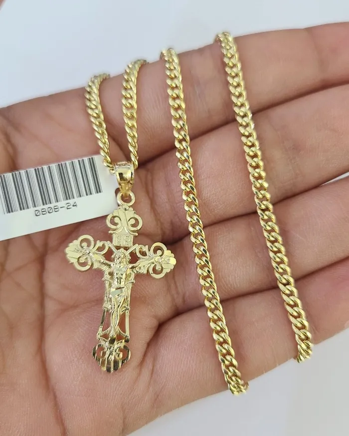 Gold and Diamond Necklaces 10K Gold Miami Cuban Chain INRI Jesus Cross 1828 3mm Pendant Necklace SET