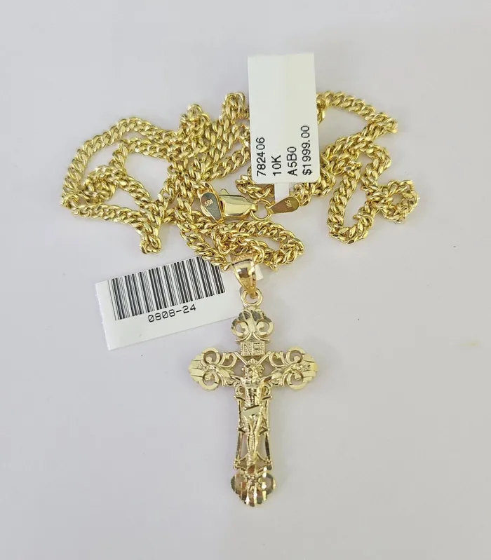 Gold and Diamond Necklaces 10K Gold Miami Cuban Chain INRI Jesus Cross 1828 3mm Pendant Necklace SET
