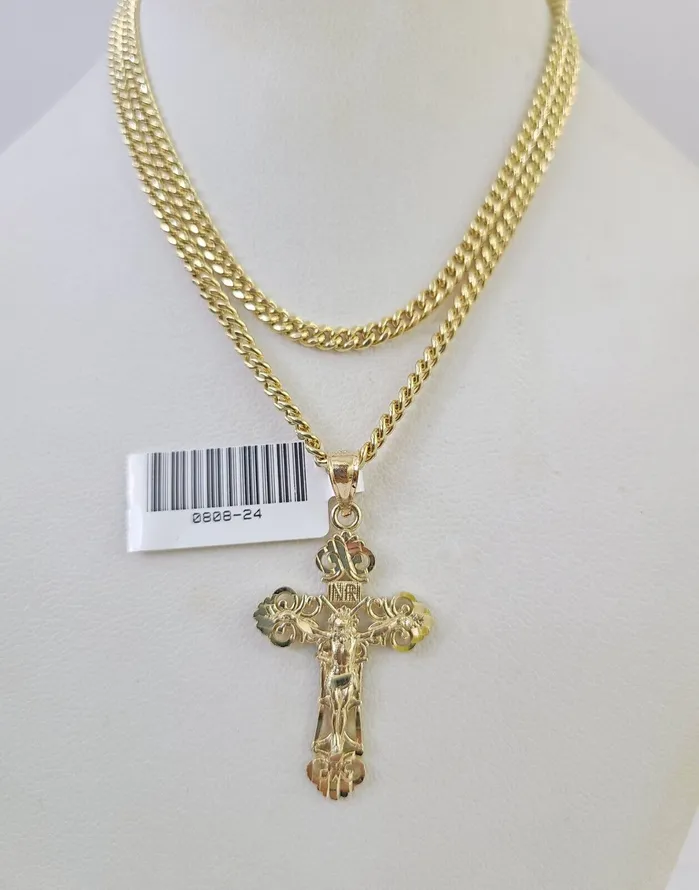 Gold and Diamond Necklaces 10K Gold Miami Cuban Chain INRI Jesus Cross 1828 3mm Pendant Necklace SET
