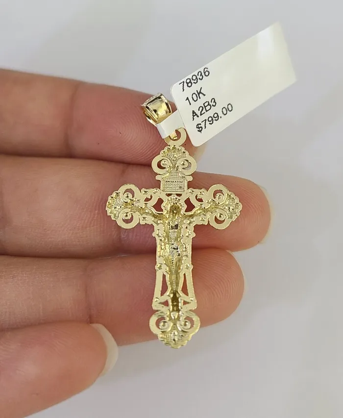 Gold and Diamond Necklaces 10K Gold Miami Cuban Chain INRI Jesus Cross 1828 3mm Pendant Necklace SET