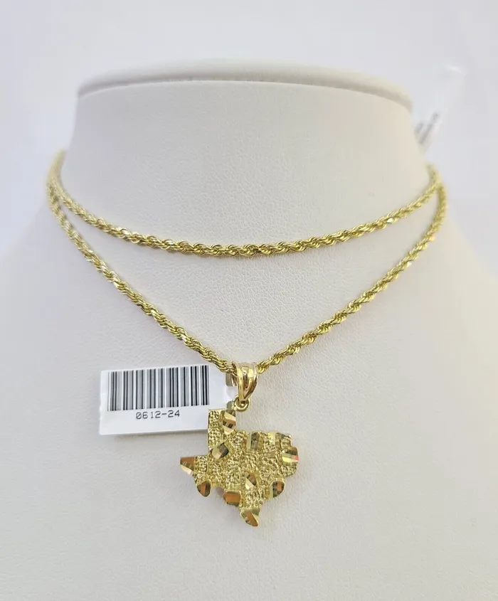 Gold and Diamond Necklaces 10k Solid Rope Chain 2mm Texas Map Pendant Charm Necklace SET 1824 in Gold and Diamond Necklaces 10k Solid Rope Chain 2mm Texas Map Pendant Charm Necklace SET 1824 in