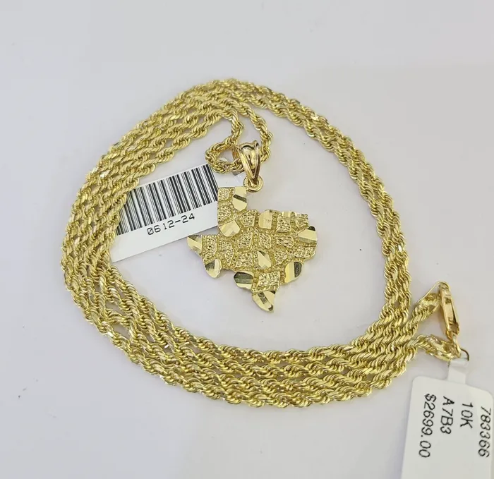 Gold and Diamond Necklaces 10k Solid Rope Chain 2mm Texas Map Pendant Charm Necklace SET 1824 in