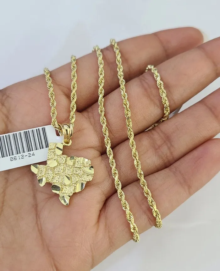 Gold and Diamond Necklaces 10k Solid Rope Chain 2mm Texas Map Pendant Charm Necklace SET 1824 in