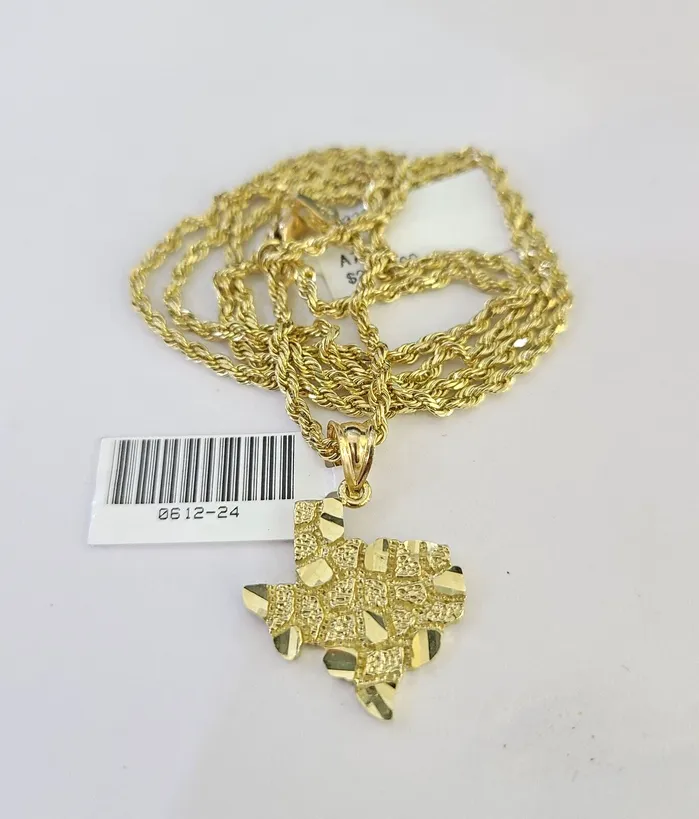 Gold and Diamond Necklaces 10k Solid Rope Chain 2mm Texas Map Pendant Charm Necklace SET 1824 in