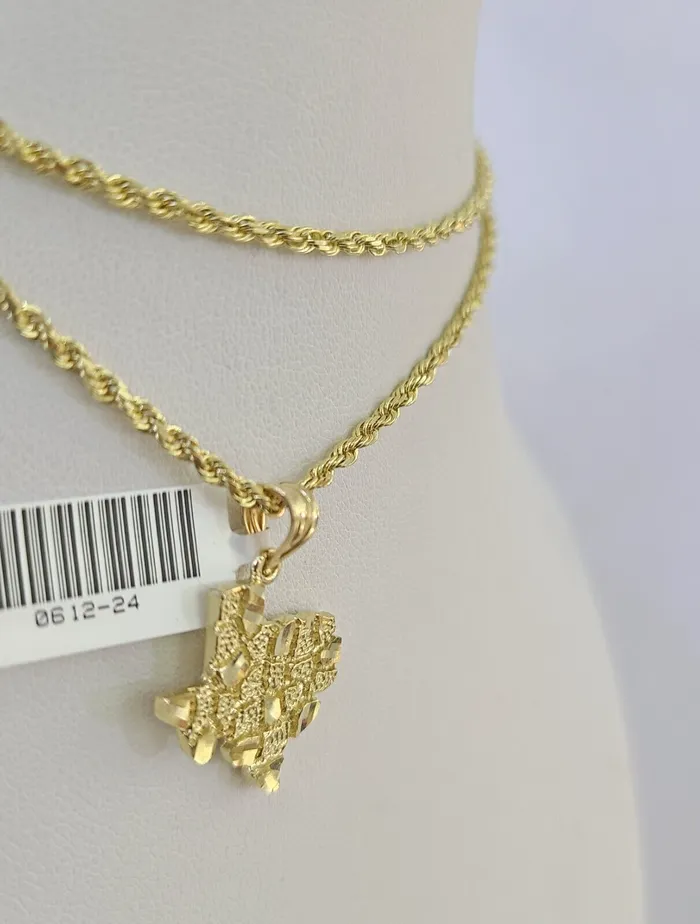 Gold and Diamond Necklaces 10k Solid Rope Chain 2mm Texas Map Pendant Charm Necklace SET 1824 in