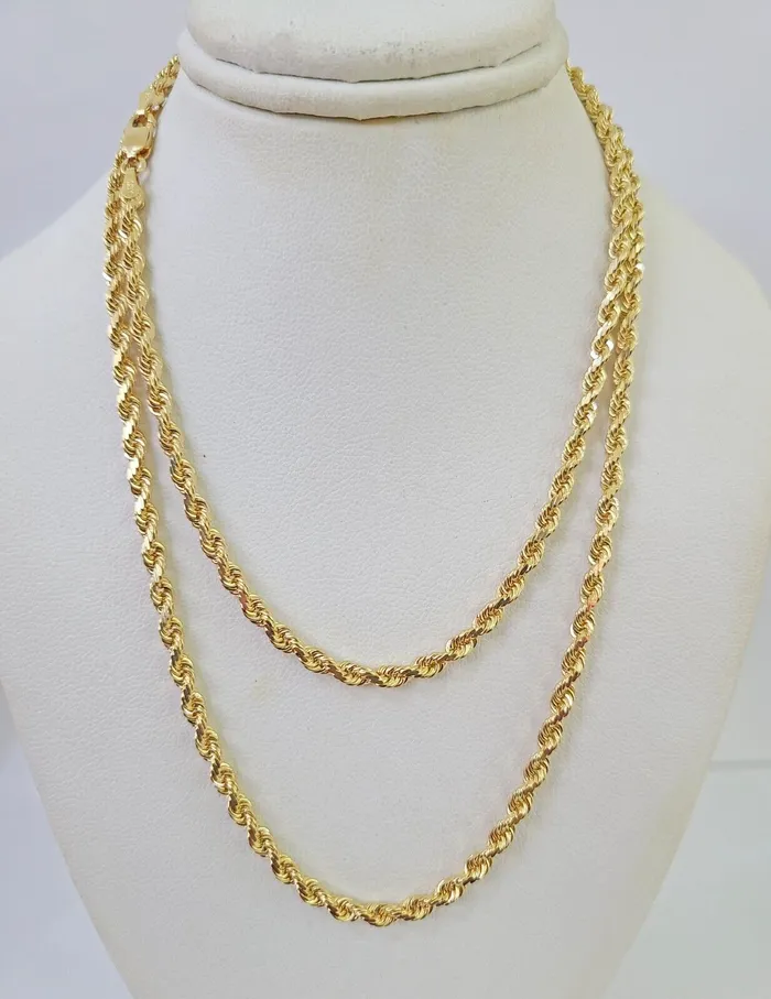 Gold and Diamond Necklaces 18k Real Solid Rope Chain Yellow Gold 3mm 26 Inch Genuine 18kt Necklace Gold and Diamond Necklaces 18k Real Solid Rope Chain Yellow Gold 3mm 26 Inch Genuine 18kt Necklace