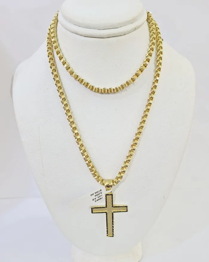 Gold and Diamond Necklaces Real 10k Gold Plain Cross Byzantine Chain Necklace 3mm 22 SET 10kt Genuine