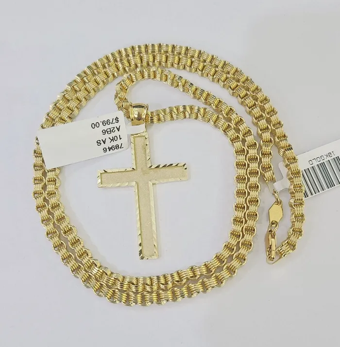 Gold and Diamond Necklaces Real 10k Gold Plain Cross Byzantine Chain Necklace 3mm 22 SET 10kt Genuine