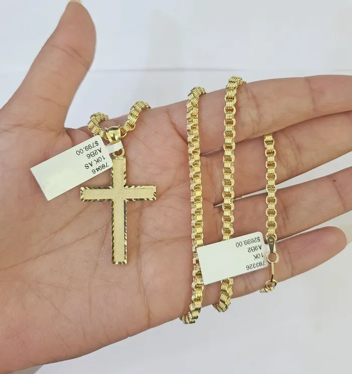 Gold and Diamond Necklaces Real 10k Gold Plain Cross Byzantine Chain Necklace 3mm 22 SET 10kt Genuine