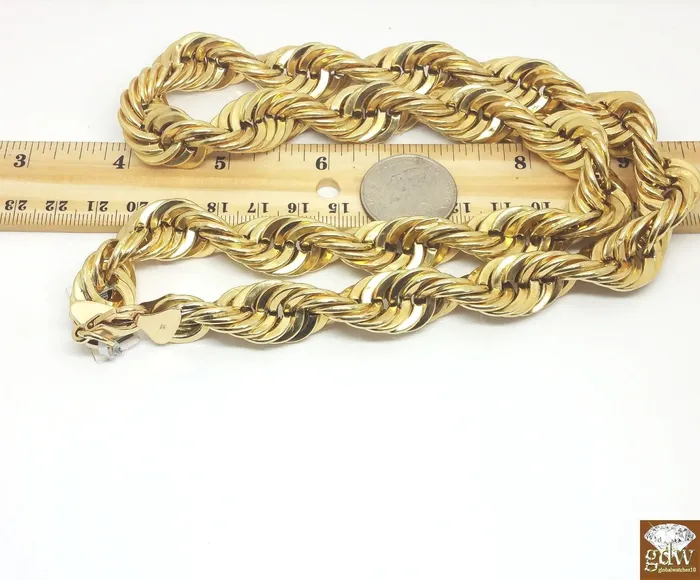 Gold and Diamond Necklaces Real 10k Gold Rope Chain Necklace 26 Inch 15mm lobster Lock Authentic 10k