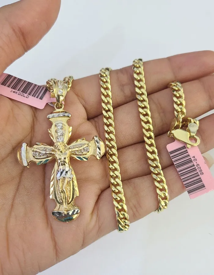 Gold and Diamond Necklaces Real 14k Chain Cross Charm Set Miami Cuban Link 5mm 1830 Necklace Pendant