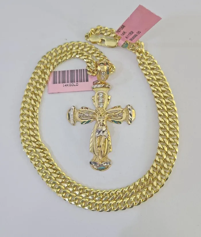 Gold and Diamond Necklaces Real 14k Chain Cross Charm Set Miami Cuban Link 5mm 1830 Necklace Pendant