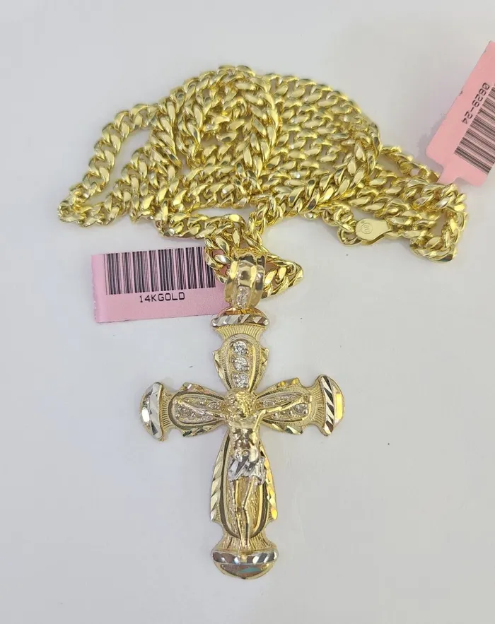 Gold and Diamond Necklaces Real 14k Chain Cross Charm Set Miami Cuban Link 5mm 1830 Necklace Pendant