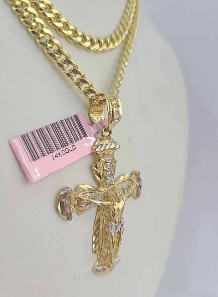 Gold and Diamond Necklaces Real 14k Chain Cross Charm Set Miami Cuban Link 5mm 1830 Necklace Pendant
