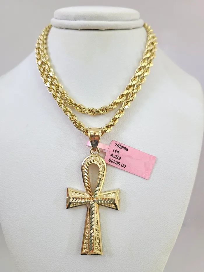 Gold and Diamond Necklaces Real 14k Solid Rope Chain Ankh Cross Charm Gold Set 4mm 1830 Necklace Pendant Gold and Diamond Necklaces Real 14k Solid Rope Chain Ankh Cross Charm Gold Set 4mm 1830 Necklace Pendant