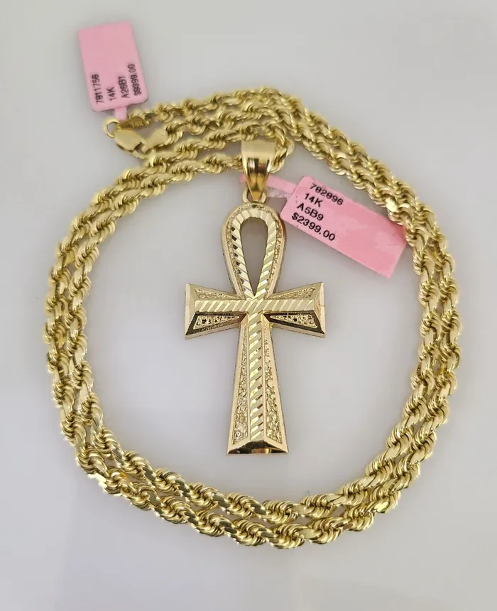 Gold and Diamond Necklaces Real 14k Solid Rope Chain Ankh Cross Charm Gold Set 4mm 1830 Necklace Pendant