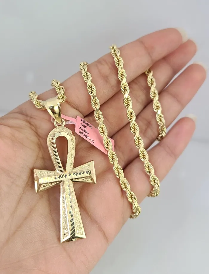 Gold and Diamond Necklaces Real 14k Solid Rope Chain Ankh Cross Charm Gold Set 4mm 1830 Necklace Pendant