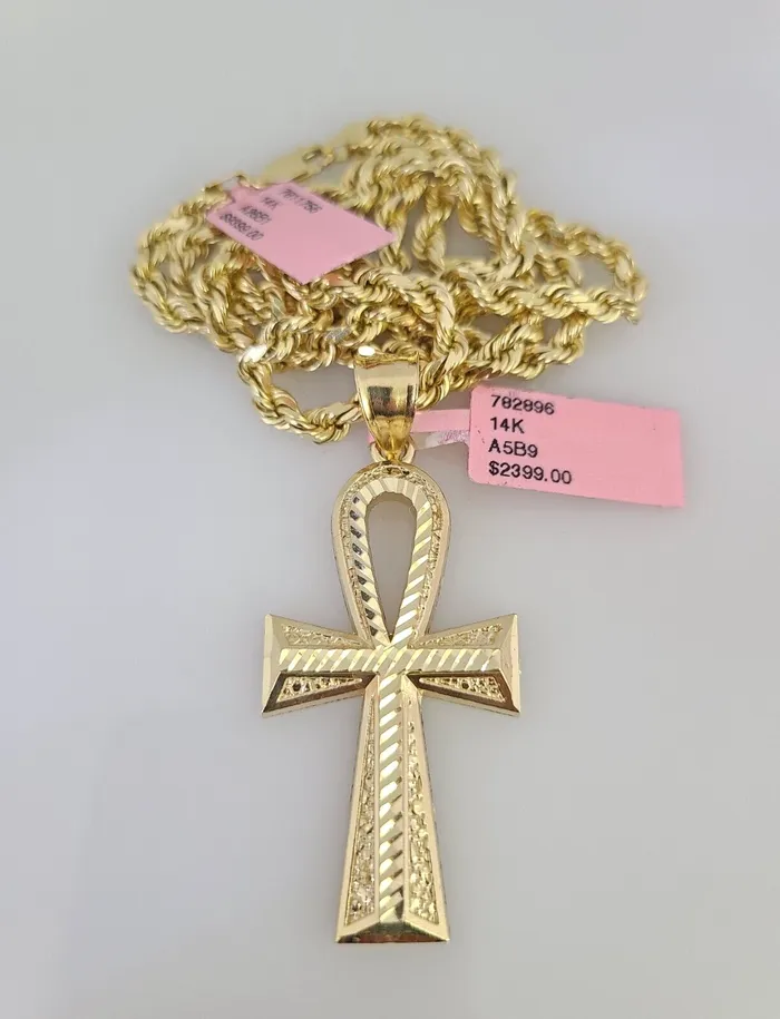 Gold and Diamond Necklaces Real 14k Solid Rope Chain Ankh Cross Charm Gold Set 4mm 1830 Necklace Pendant